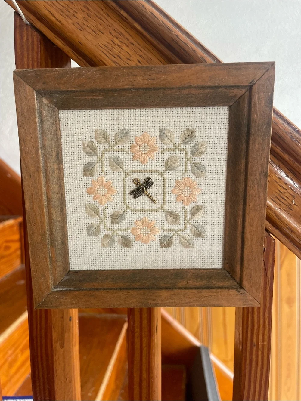 Framed Embroidered Floral Cross-Stitch with Dragonfly accent home cottagecore